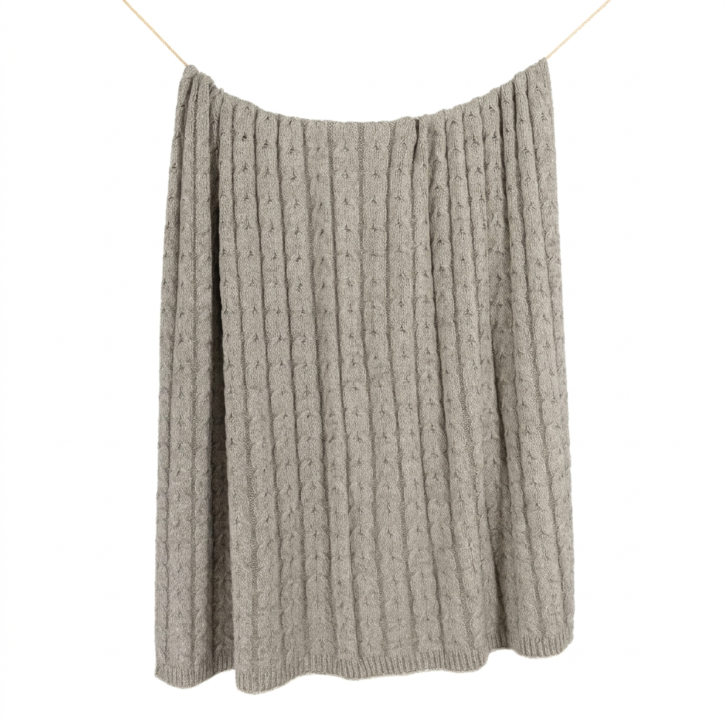 Graphite hand-finished undyed baby alpaca & Peruvian Pima cotton cable knit throw blanket, Muru Collection, made in Peru