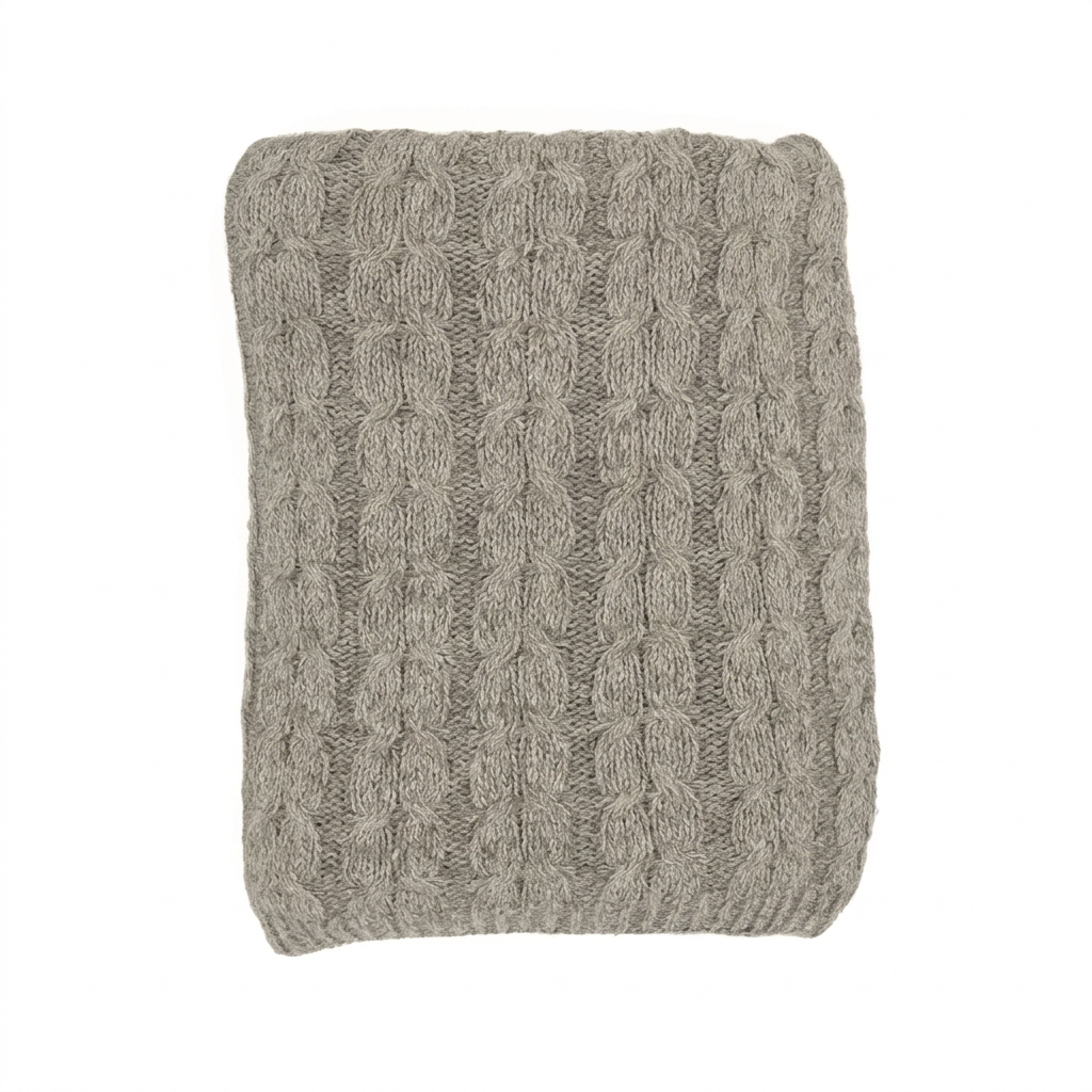 Graphite hand-finished undyed baby alpaca & Peruvian Pima cotton cable knit throw blanket, Muru Collection, made in Peru