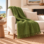 Olive Green handloomed alpaca bouclé throw blanket, made in Peru