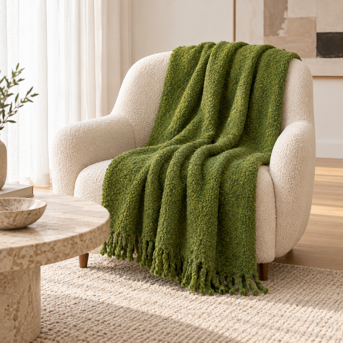 Olive Green handloomed alpaca bouclé throw blanket, made in Peru
