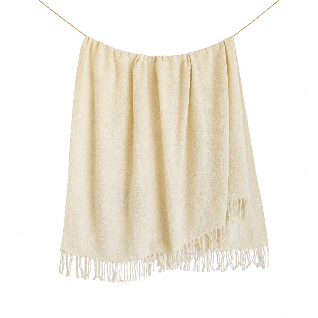 Ivory handloomed alpaca bouclé throw blanket, made in Peru