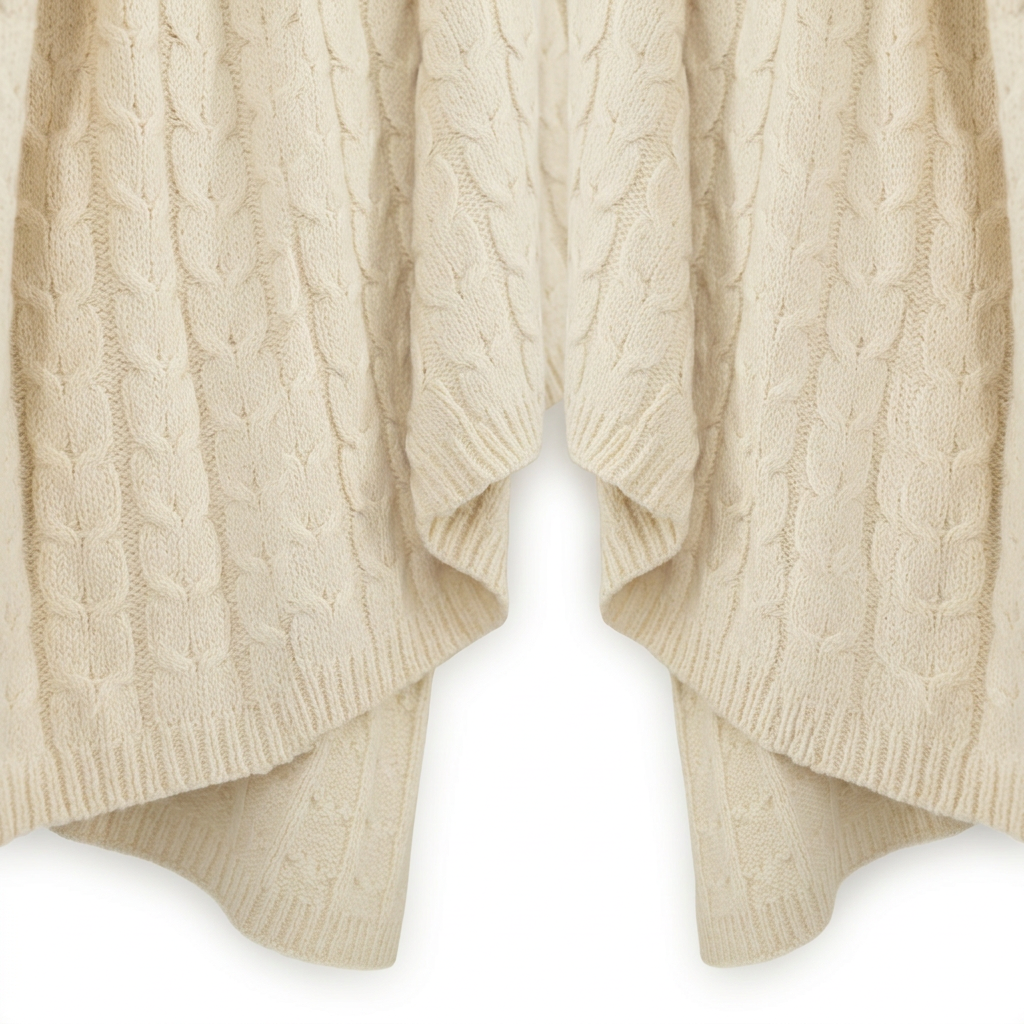 Close-up of Ivory baby alpaca and Pima cotton cable knit throw, Muru Collection