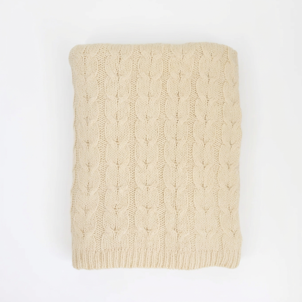 Ivory hand-finished undyed baby alpaca & Peruvian Pima cotton cable knit throw blanket, Muru Collection, made in Peru