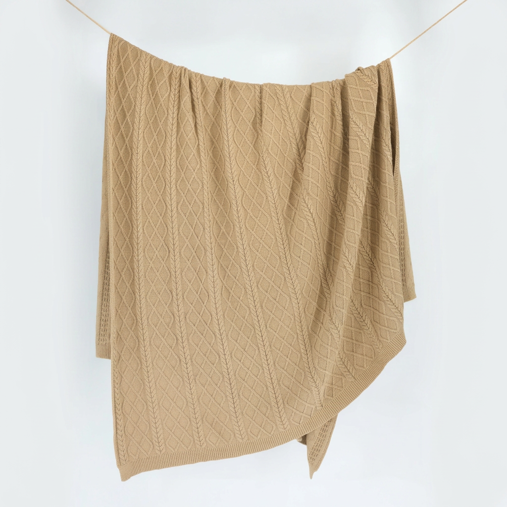 Café au Lait baby alpaca & Pima cotton cable throw blanket, made in Peru