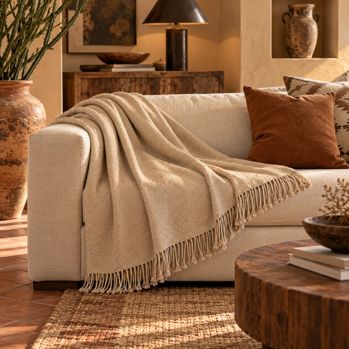Light Tan handloomed undyed baby alpaca & Peruvian Pima cotton throw blanket, Kulsi Collection, made in Peru