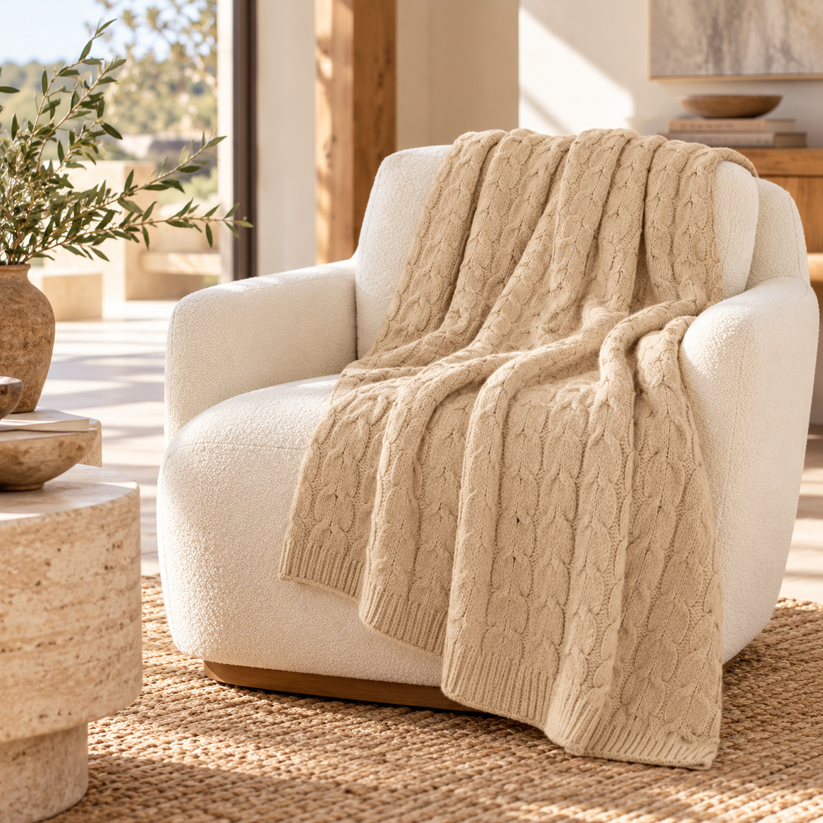 Light Tan hand-finished undyed baby alpaca & Peruvian Pima cotton cable knit throw blanket, Muru Collection, made in Peru