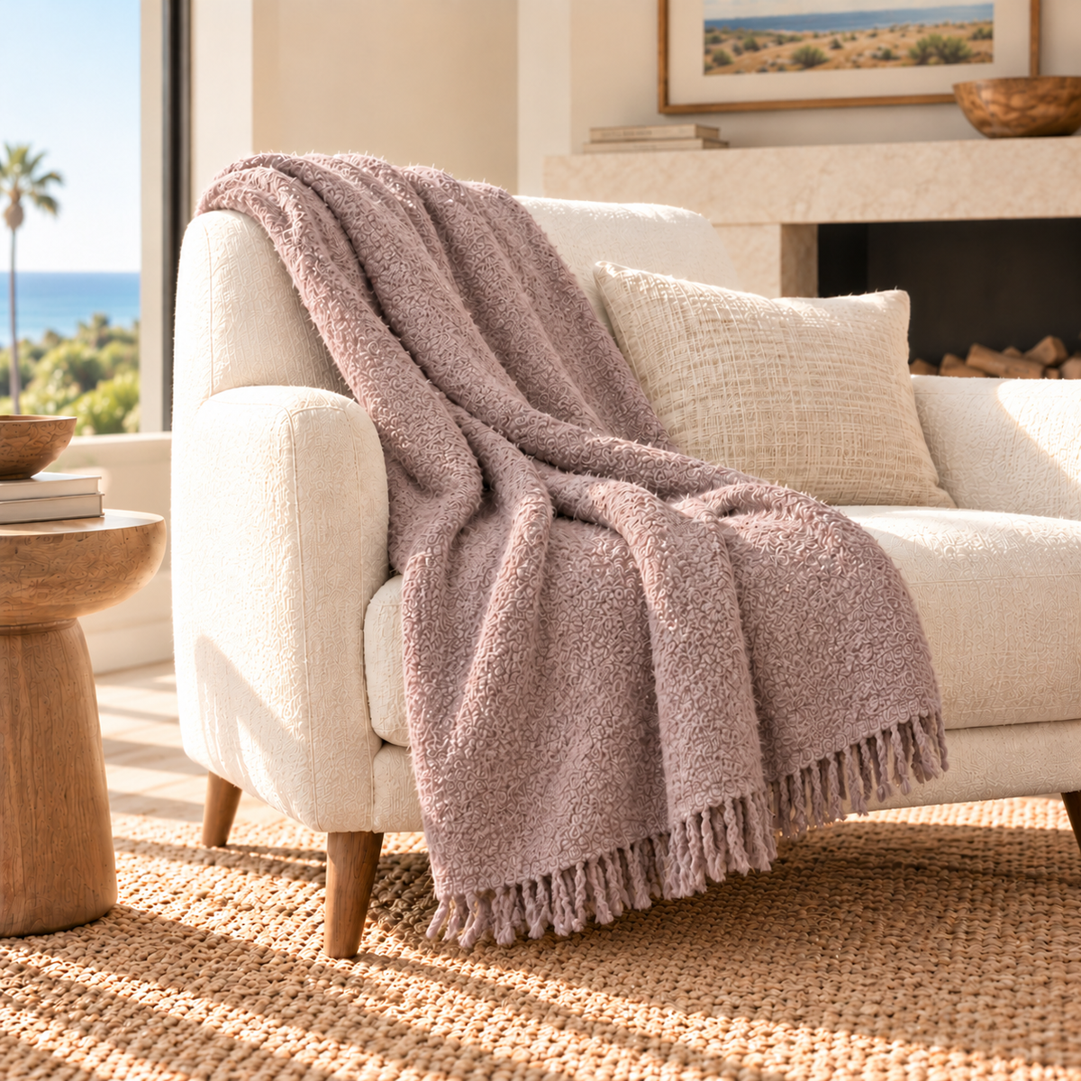 Mauve Pink handloomed alpaca bouclé throw blanket, made in Peru