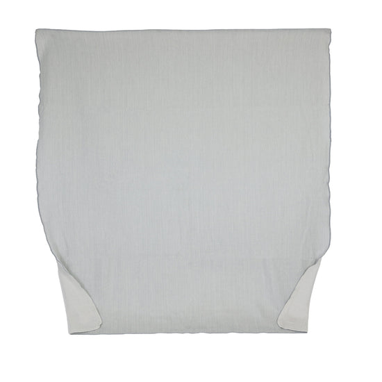 A reversible glacier gray and white throw blanket made from alpaca yarn, displayed flat.