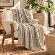 Hand-Finished Undyed Baby Alpaca & Peruvian Pima Cotton Cable Knit Throw Blanket | Silver Gray | Muru Collection