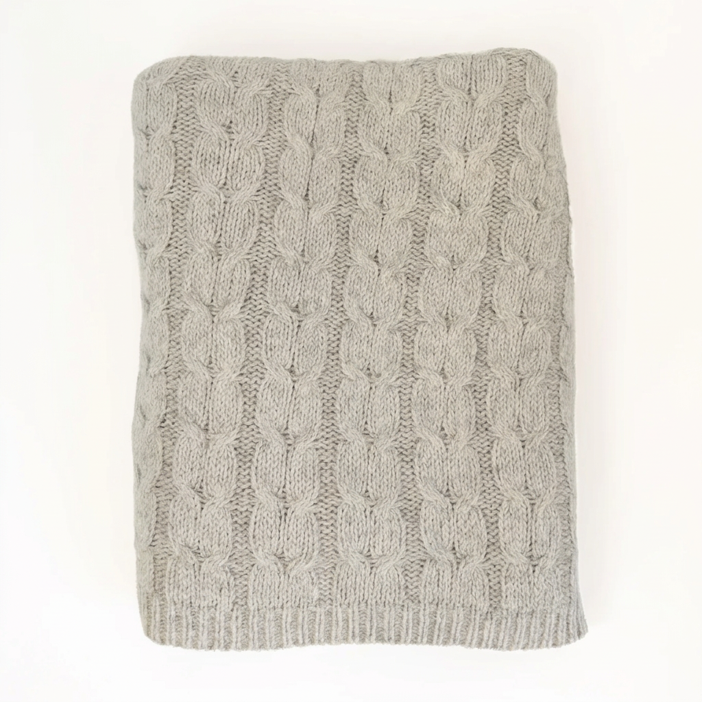 Square folded cable-knit blanket on white