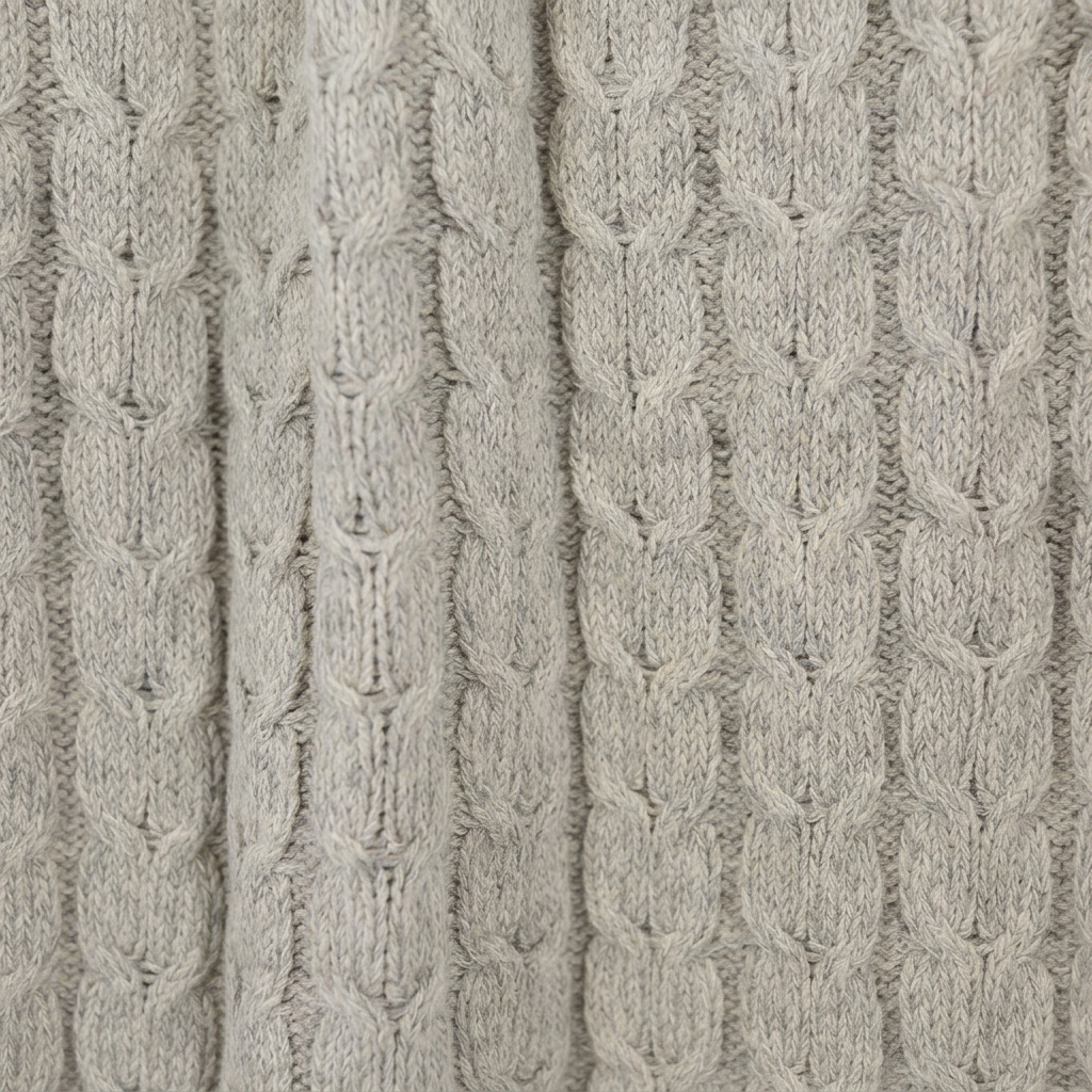 Square silver-gray cable-knit close-up