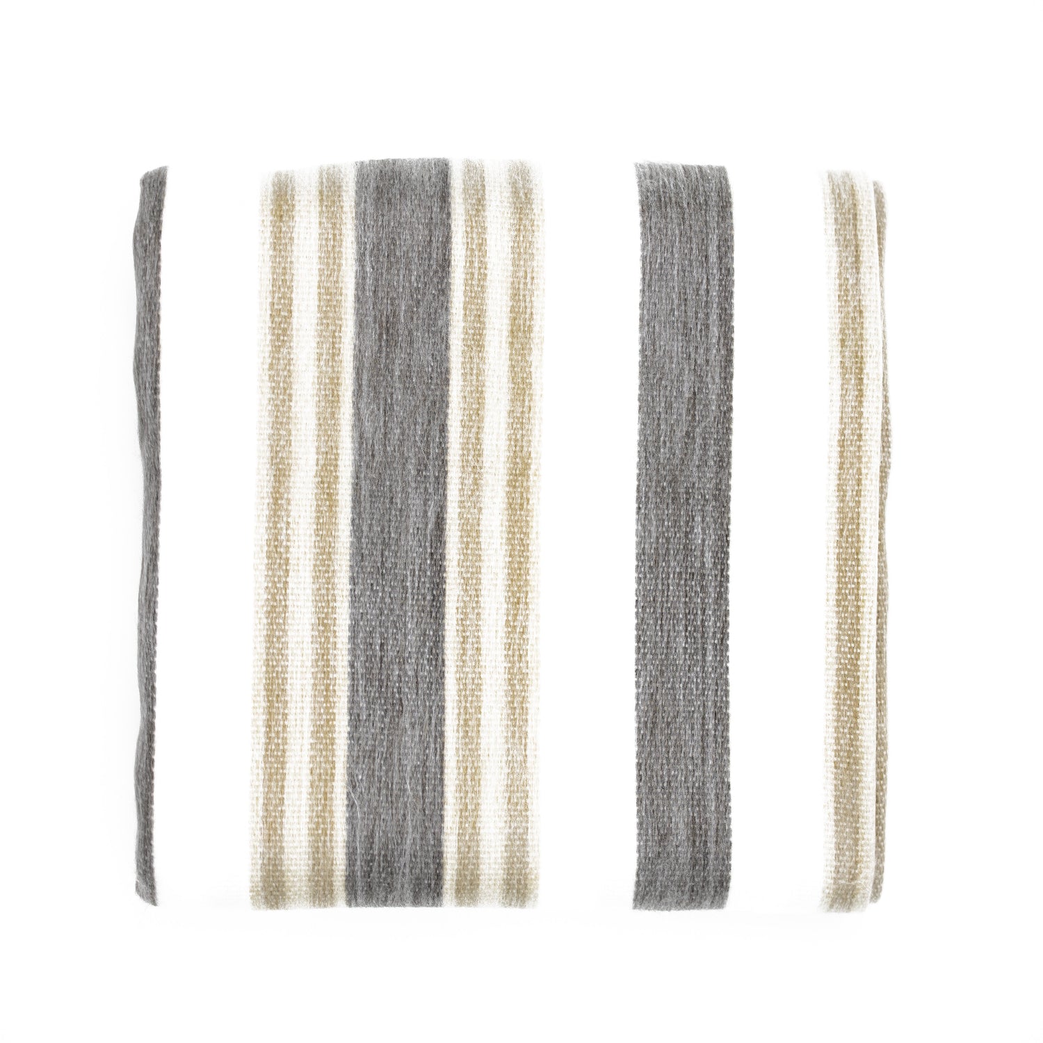 The image shows four samples of woven fabric in varying shades of beige and gray, likely representing different textures or weights of material, with a focus on the craftsmanship and texture of the yarns.
